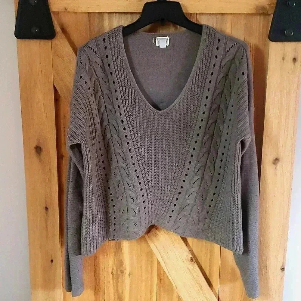 Converse Gray Knit V Neck Sweater Womens Size Large Romantic Baggy Cottagecore